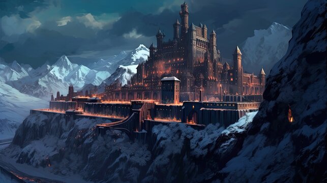 art illustration of fantasy fiction ancient castle city on mountain peak among natural scenery, Generative Ai