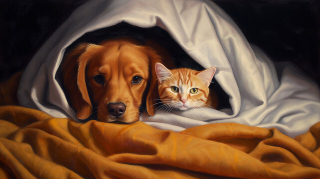 A Dog And Cat Under The Blanket Generative Ai