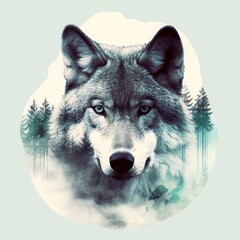 Concept art illustration of grey wolf and forest double exposure, Generative AI
