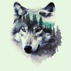 Naklejka na ściany i meble Concept art illustration of grey wolf and forest double exposure, Generative AI