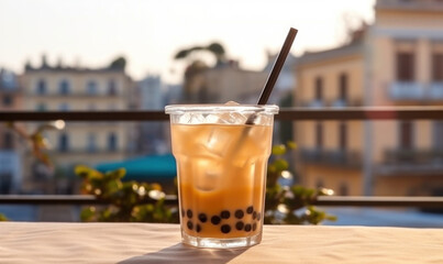 Thai milk tea with bubbles in cafe outdoors. AI generative