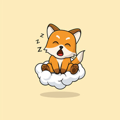 Vector cute baby fox cartoon sleeping on the cloud icon illustration. Flat cute animal vector illustration, flat icon sticker isolated.
