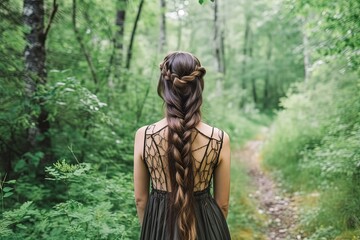 Fototapeta na wymiar back portrait of beautiful pretty woman wearing vintage dress with braid hairstyle, a woman walking in forest, Generative Ai