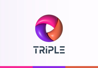 Inflated 3D Vector Ribbon Rotation Loop Circle. Abstract Vector Logo Template. Modern Geometry Infinity Swirl Sign with Triple Colorful Intertwined Elements Isolated