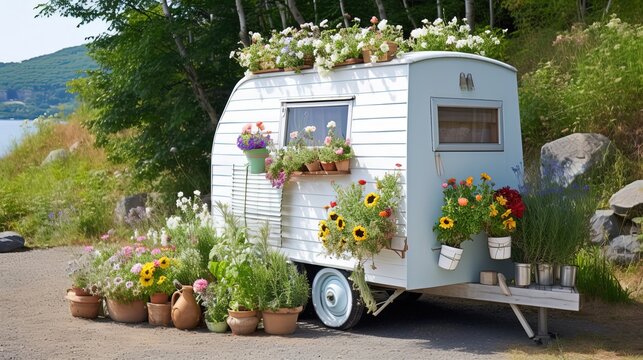 vintage home camper car decorated with flowers and pot plant, Generative Ai