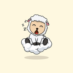 Naklejka na ściany i meble Vector cute baby sheep cartoon sleeping on the cloud icon illustration. Flat cute animal vector illustration, flat icon sticker isolated.