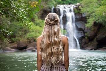 back portrait of beautiful pretty woman wearing vintage gawn with braid hairstyle, a woman walking in forest with waterfall background, Generative Ai