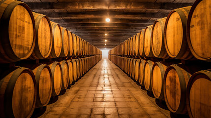 winery with wine wooden barrels. generative ai