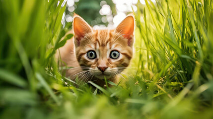 Naklejka na ściany i meble cat on garden grass with curiosity. generative ai