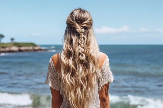 back portrait of beautiful pretty woman wearing vintage dress with braid hairstyle, a woman at sea shore, Generative Ai