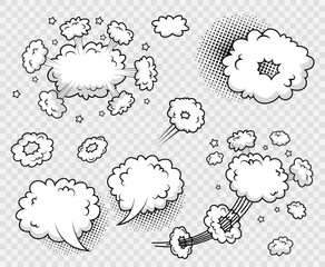 Comic speech bubble with smoke clouds on transparent background. Cartoon explosion bomb frame. - obrazy, fototapety, plakaty
