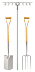 Gardening tool equipment set. Spade, digging fork and rake with wooden handle, vegetable garden work. Planting Equipment, spring time concept. Top view isolated on white background