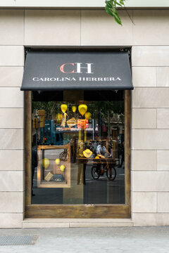 Barcelona, Spain-April 29, 2023. María Carolina Josefina Pacanins Niño, known as Carolina Herrera, entrepreneur, fashion designer founded her own fashion house in 1981. Logo on the front door