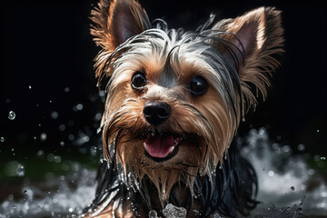 Naklejka premium One Delightful Wet Yorkshire Terrier Violently Shakes Herself While Looking at the Camera, Water Splashes. Generative AI