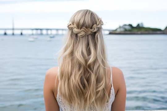 back portrait of beautiful pretty woman wearing vintage dress with braid hairstyle, a woman at sea shore, Generative Ai