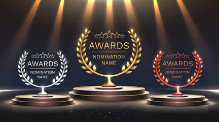 Awards nomination name podium, awards golden prize event, first place, second place, third place, scene star ceremony. Vector illustration