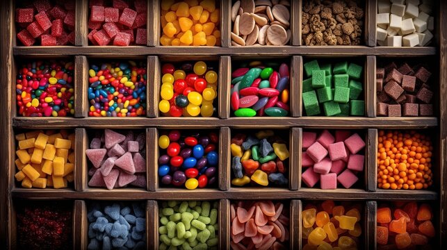 p colorful candies and snack, abstract candy background organized in wooden box, Generative Ai