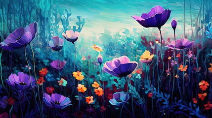close up warm eye view perspective of wild flower field at night time, Generative Ai