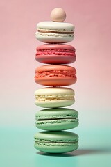 close up pile up stack macaroons in pastel tone color, Generative Ai