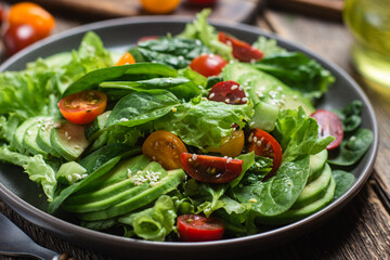 Salad with spinach, avocado, tomatoes in a plate. Vegetarian salad