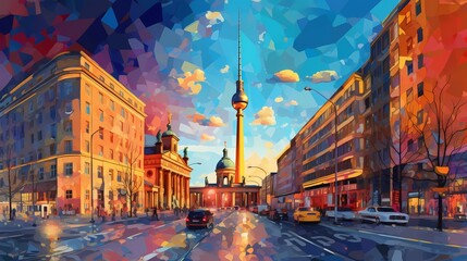 The sun illuminates Berlin's bustling streets, casting a warm glow on its iconic landmarks, vibrant colors adorning the facades and adding a touch of whimsy to the city's architectural marvels.