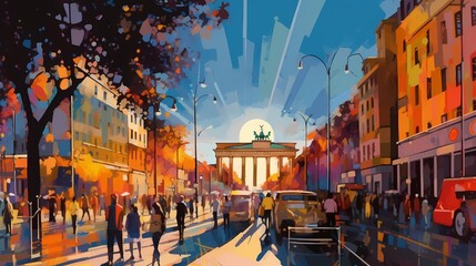 The sun illuminates Berlin's bustling streets, casting a warm glow on its iconic landmarks, vibrant colors adorning the facades and adding a touch of whimsy to the city's architectural marvels. - obrazy, fototapety, plakaty