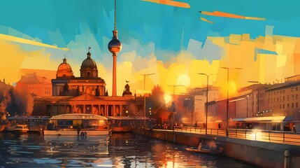 Fototapeta na wymiar The sun illuminates Berlin's bustling streets, casting a warm glow on its iconic landmarks, vibrant colors adorning the facades and adding a touch of whimsy to the city's architectural marvels.
