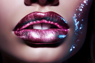 Glamour Unleashed, Hyperreal Beauty of Beautiful Glitter Lips in Holographic Silver-Pink. Generative AI