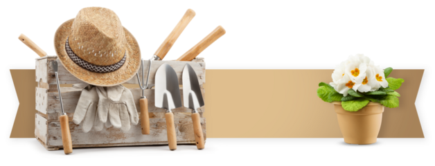 Gardening tool equipment, banner with copy space. Wooden crate with garden trowel, hat, gloves and flower pot isolated on white background. Shopping advertising template for florist shop or greenhouse
