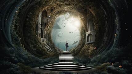 a man walking in ancient passage to jungle, illustration perspective surreal dreamland, idea for self-challenge concept and experience spiritual journey background, Generative Ai