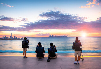 Women travelers happy is traveling and photographing the beauty of the city and the beach in his holidays During at vacation time. Generative AI, illustration