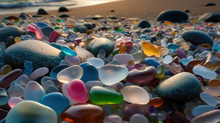 Fototapeta na wymiar Many beautiful multi colored stones like glass are spread all over the beach the beach has high definition image quality very beautiful luminous stones are light blue