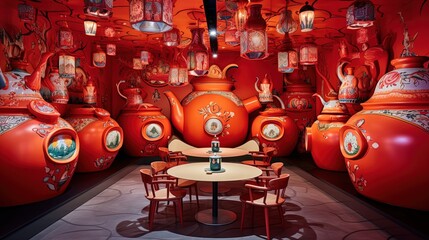 red room decorated with red kettle pot, Generative Ai