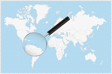 Magnifying glass showing a map of Trinidad and Tobago on a world map.