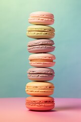 close up pile up stack macaroons in pastel tone color, Generative Ai