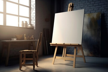 Generative AI illustration of Frame white mockup propped up on a table in an art studio with natural light