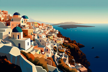 Fototapeta na wymiar Generative AI illustration of a typical Mediterranean seaside resort town on a sunny day viewed from above in illustration style.