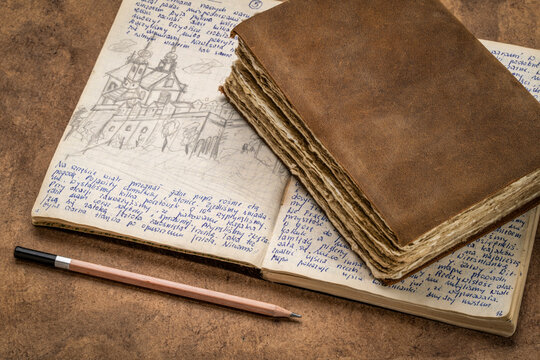detail from a 1970s vintage travel journal with handwriting and pencil sketches (property release attached) and a retro leather-bound diary