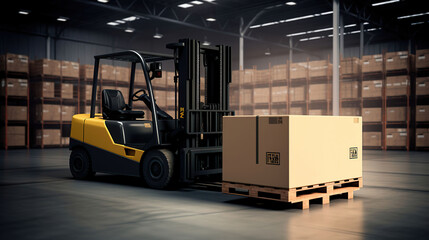 Large warehouse with machinery forklift with box on pallet, logistic interior