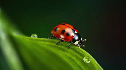 Obraz premium Ladybug Perched on a Vibrant Leaf, a Symbol of Nature's Delicate Beauty