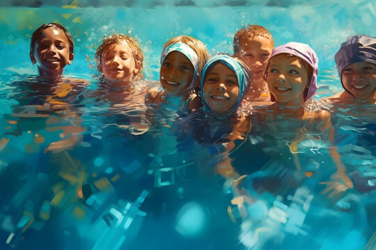 group diverse chidren at swimming pool. Neural network generated in May 2023. Not based on any actual person, scene or pattern. Generative AI
