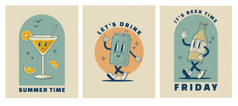 Set Of Retro Cartoon Funny Characters Posters. Vintage Drink Vector Illustration. Martini Coctail, Beer, Soda Can Mascot. Nostalgia 60, 70s, 80s