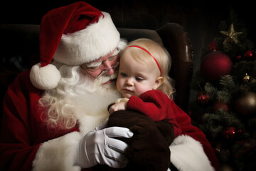Fototapeta na wymiar Santa Claus Holding Young Baby Child in Christmas Scene - Photo Art Created with Generative AI and Other Techniques