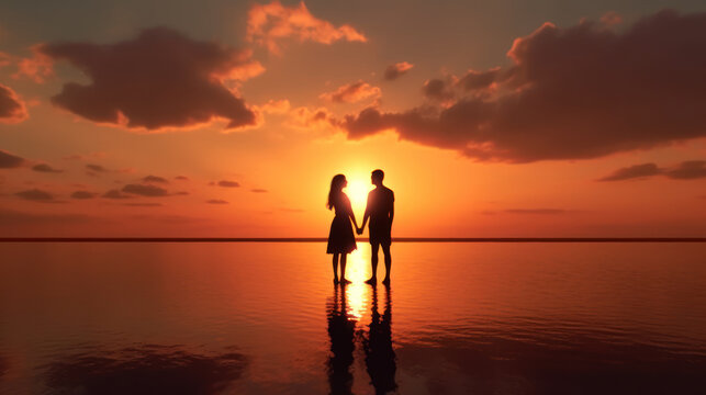 Sunset Embrace: Young Couples Silhouetted on the Beach. Generative AI