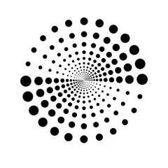 Vector texture template, with sound vibe effect. Halftone in the form of a circle, with the effect of rotation. Circle shaped design element consisting of dots of different sizes, vector. 