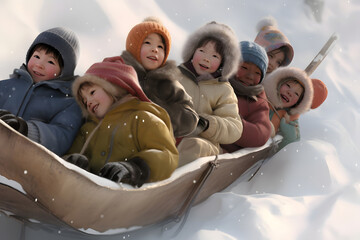 diverse children sledding at winter day. Neural network generated in May 2023. Not based on any actual person, scene or pattern. Generative AI - obrazy, fototapety, plakaty