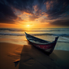 Rustic Canoe on Ocean Beach Shore with Sunset in Background - Created with Generative AI and Other Techniques