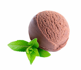 One ball of chocolate ice cream with mint leaves isolated on white background