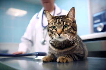 Veterinarian and cat in a veterinary clinic. Selective focus. Generative Ai