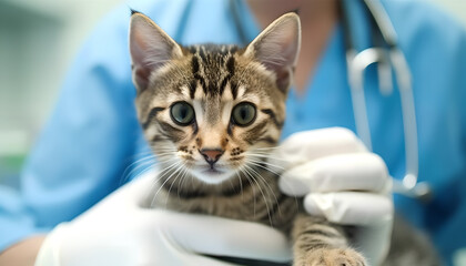 Veterinarian examining a cat in a veterinary clinic, closeup. Generative Ai - obrazy, fototapety, plakaty